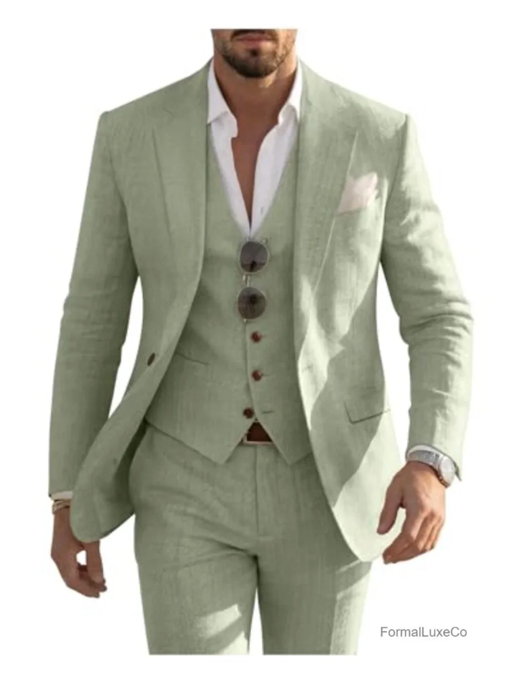Men's 3 Piece Linen Suit Slim Fit Notch Lapel Blazer Vest Pants Set Wedding